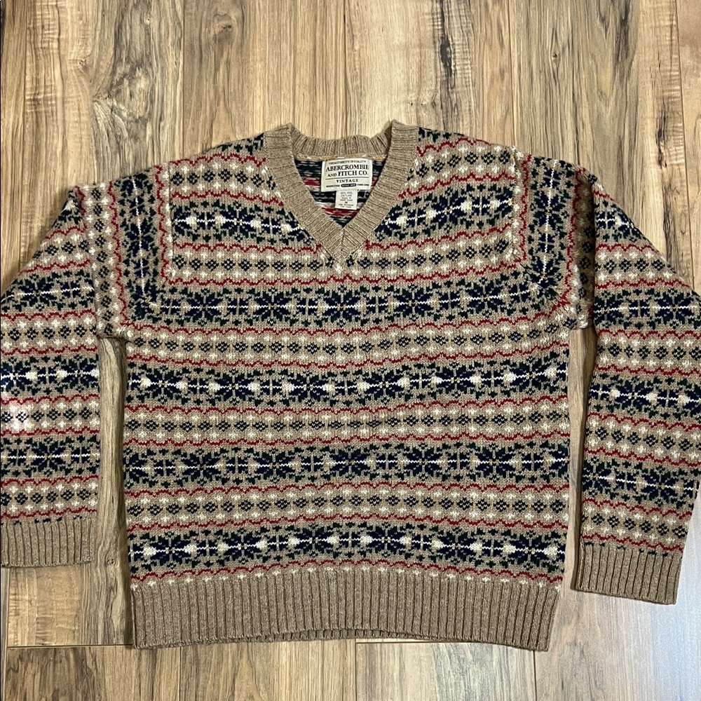Vintage Abercrombie & Fitch V-neck Fair Isle 100% Wool Shetland Sweater Sz M - Picture 2 of 7